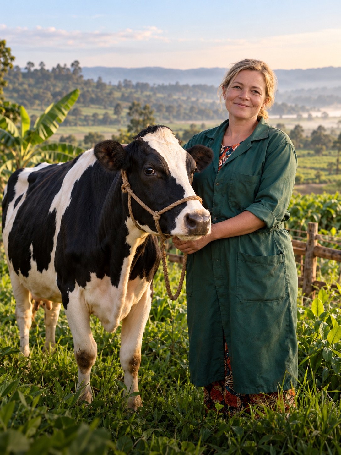A white farmer standing with her dairy cow in a green farm field